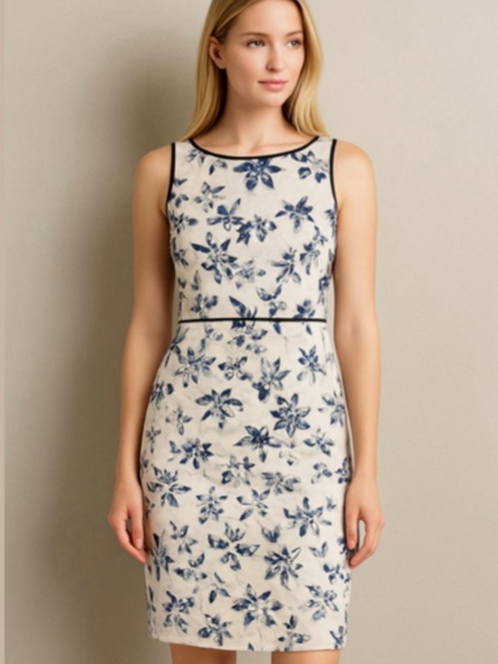 Ann Taylor Cream Sleeveless Sheath Dress with Navy Embroidery Size 4 Midi
